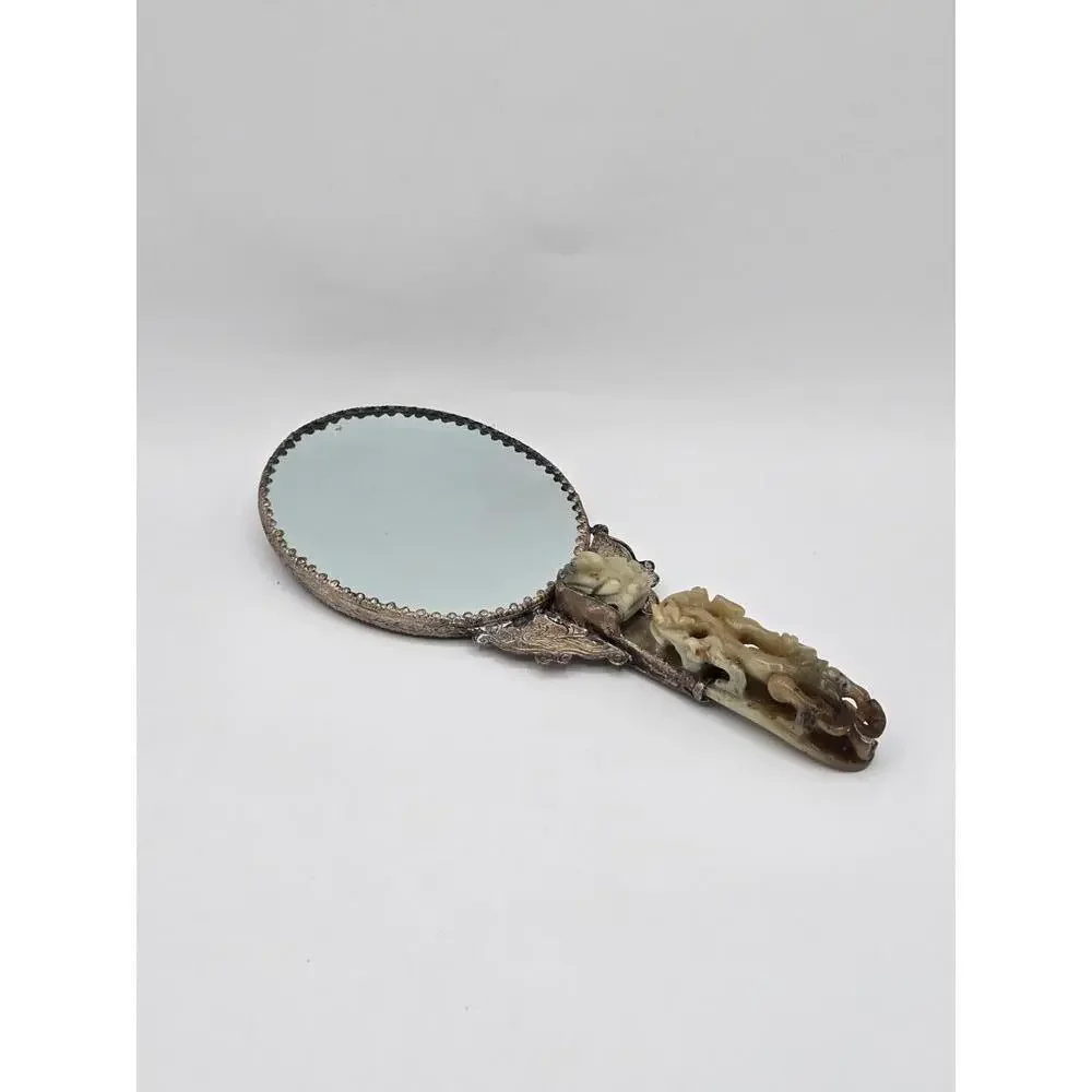 Antique Chinese Silver-plated Hand Mirror with Carved Jade Belt Hook Handle